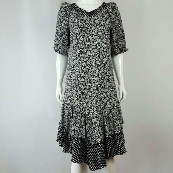 Vintage 80s Naturally Petite Hawaiian Black Floral Midi Dress - Picture 1 of 8